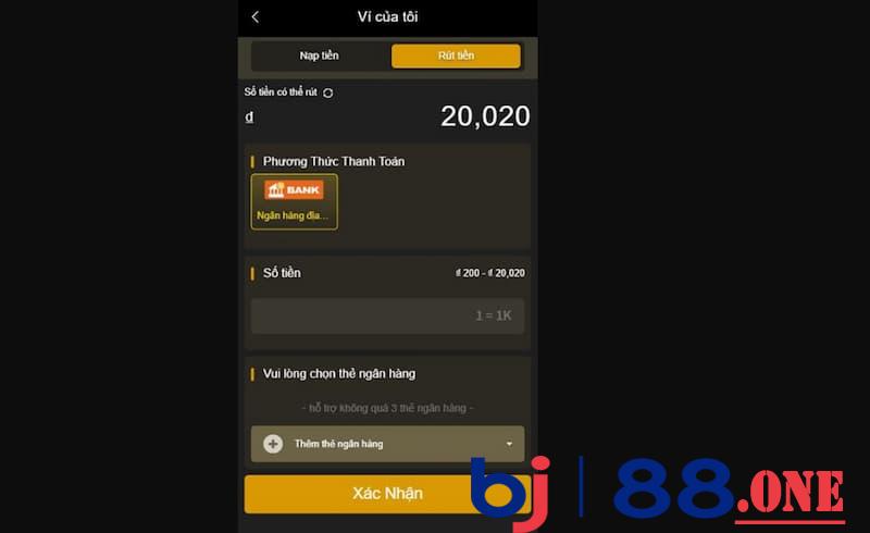 Thực hiện rút tiền tại Bj88